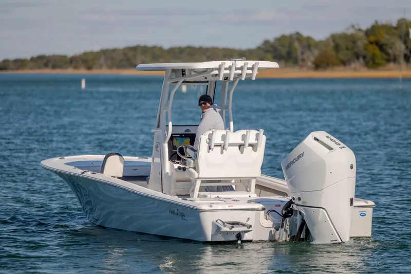 Slide: The Image of 2024 Tidewater 2500 Carolina Bay boat on calm water, featuring a Mercury outboard engine. - 5