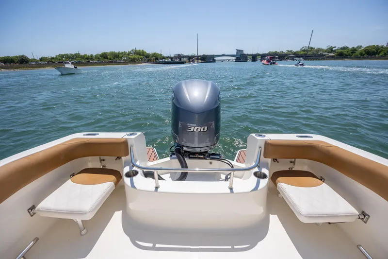 Slide: The Image of 2019 Pioneer 222 Sportfish boat with powerful outboard motor on open water. - 15