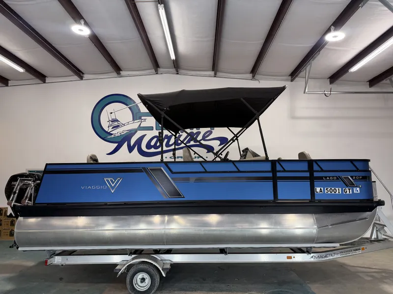 The Image of 2023 Viaggio Lago L20F pontoon boat in a warehouse. - 1