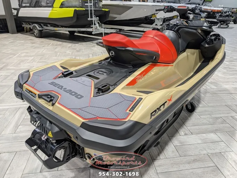 Slide: The Image of 2025 Sea-Doo RXT-X 325 Jet Ski in showroom. - 8