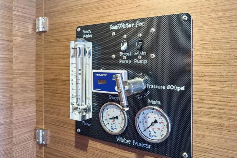 Slide: The Image of Control panel of a 2020 Lagoon 42 yacht's Sea Water Pro water maker system. - 70