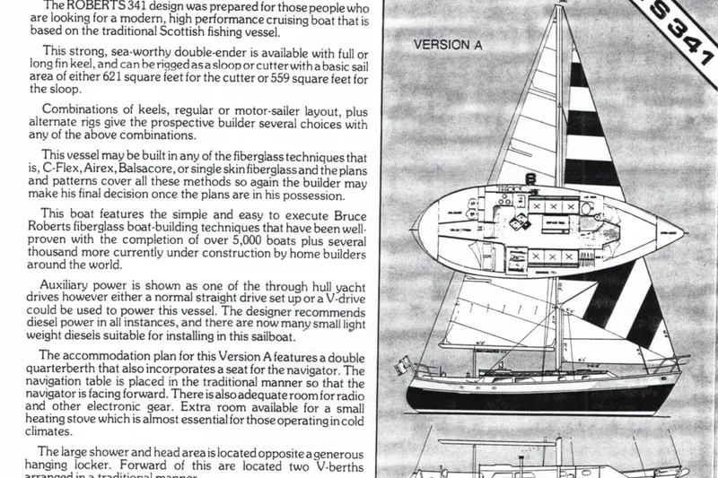 Slide: The Image of Blueprint and description of Bruce Roberts 341 sailboat, 1990 model, featuring design and layout details. - 72