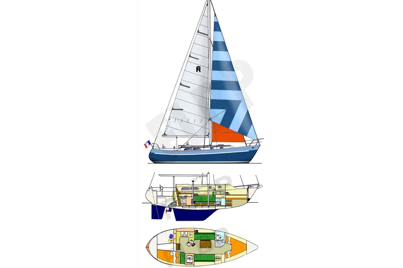 Slide: The Image of Blueprint of 1990 Bruce Roberts 341 sailboat, featuring side and interior views. - 73