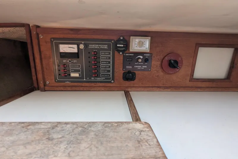 Slide: The Image of 1980 SCEPTRE 36 control panel with switches and gauges in wooden casing. - 24
