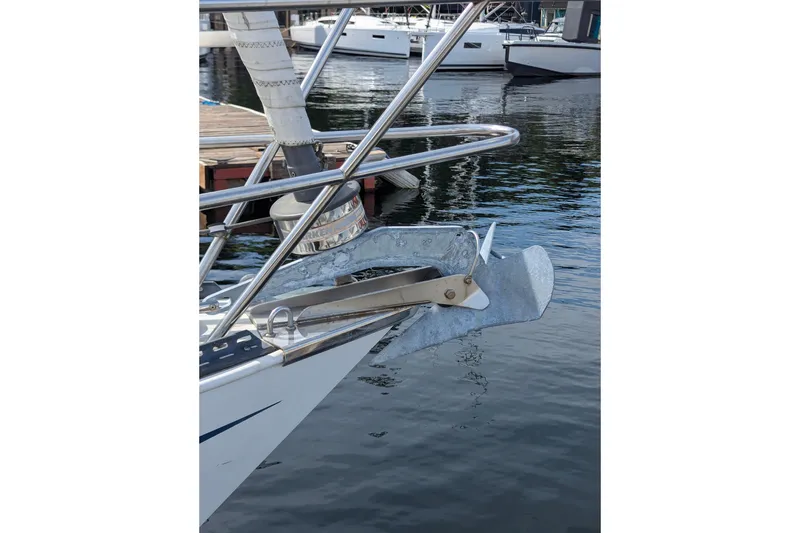 Slide: The Image of Bow of 1980 SCEPTRE 36 sailboat with anchor, docked in marina. - 6