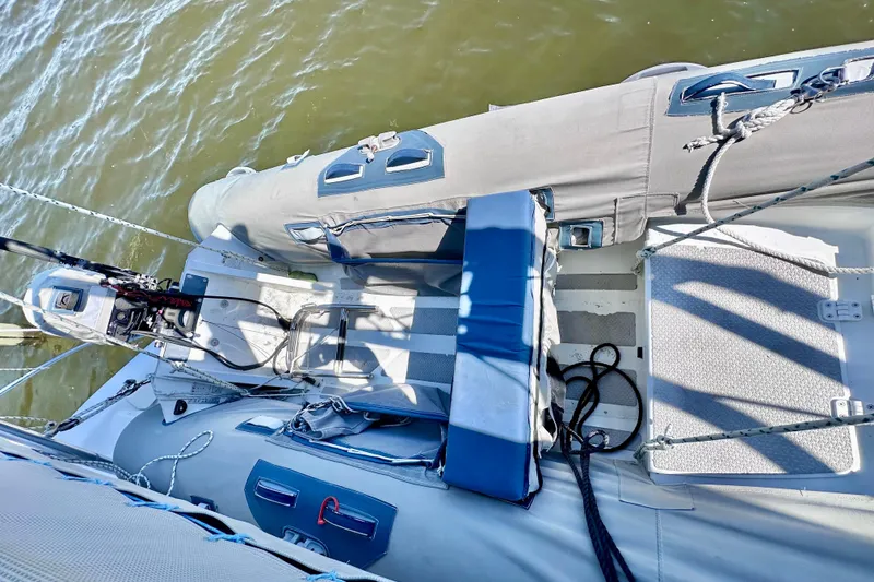 Slide: The Image of Overhead view of a 1998 Manta 40 boat deck with equipment and water. - 107