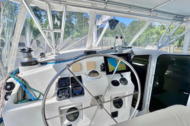 Slide: The Image of Interior view of 1998 Manta 40 sailboat cockpit with navigation equipment. - 85