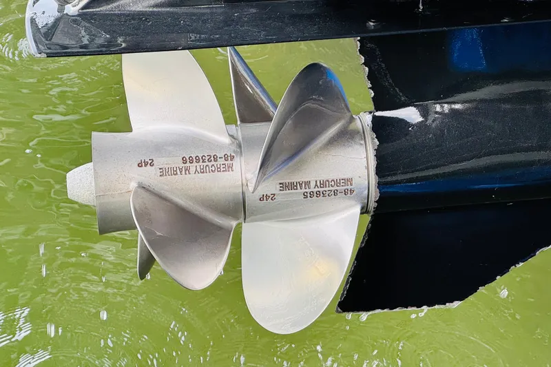 Slide: The Image of Close-up of a Mercury Marine propeller on a 2001 Sea Ray Sundancer 310 boat. - 54