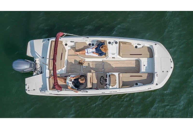 Slide: The Image of Manufacturer Provided Image: Aerial view of 2022 Hurricane SunDeck Sport 205 OB boat on water. - 14