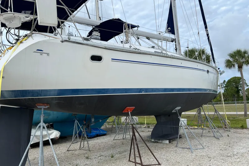 Slide: The Image of Catalina 470 sailboat from 2008 on stands, ready for maintenance or inspection. - 6
