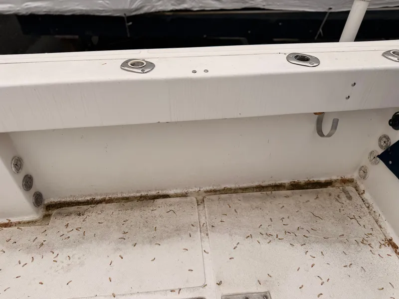 Slide: The Image of Interior of a 2000 Baha Cruisers 272 Fisherman boat with dirt and leaves. - 22