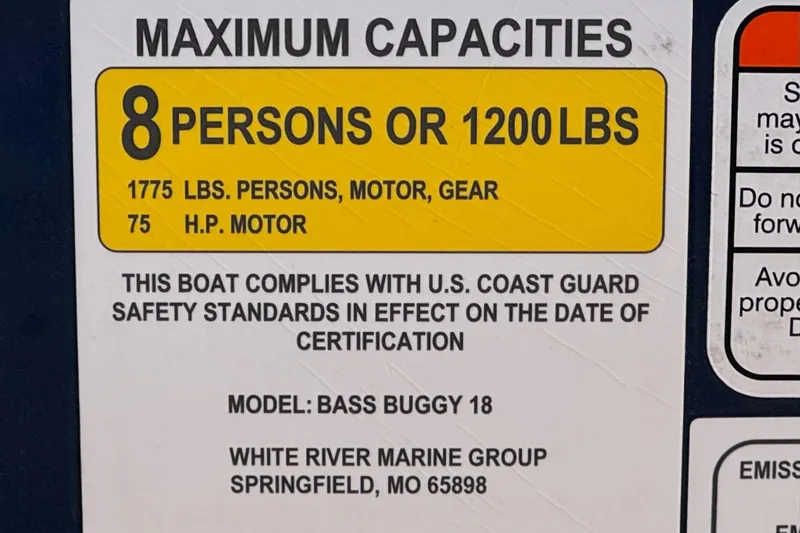 Slide: The Image of 2024 Sun Tracker Bass Buggy 18 DLX capacity label: 8 persons, 1200 lbs, 75 HP motor. - 26