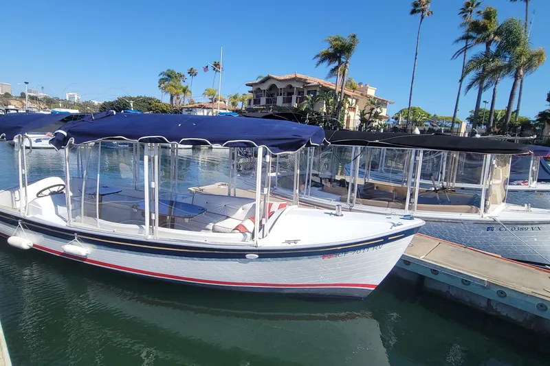 Slide: The Image of Electric Duffy 21 boat docked in marina, 2013 model, with blue canopy and scenic background. - 5