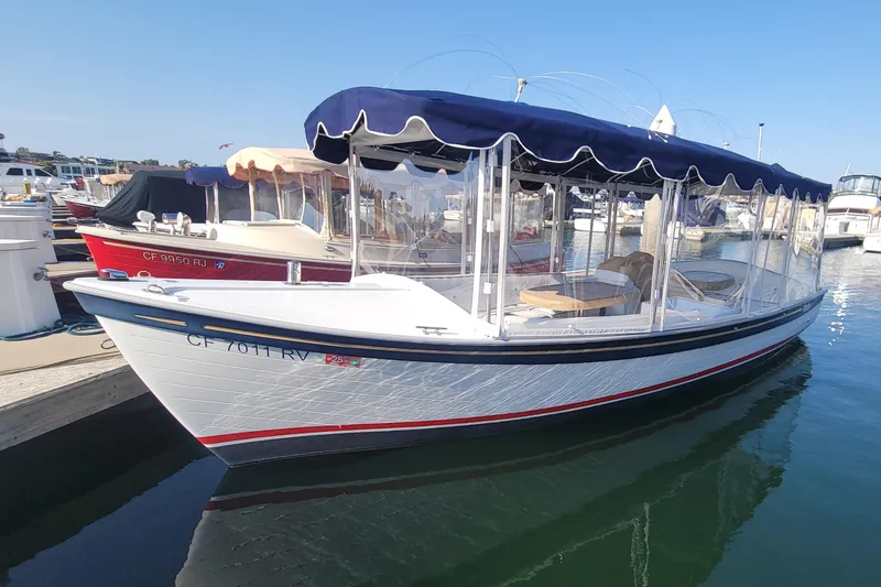 Slide: The Image of 2013 Duffy Electric Boats 21 docked, featuring a blue canopy and clear side panels. - 7