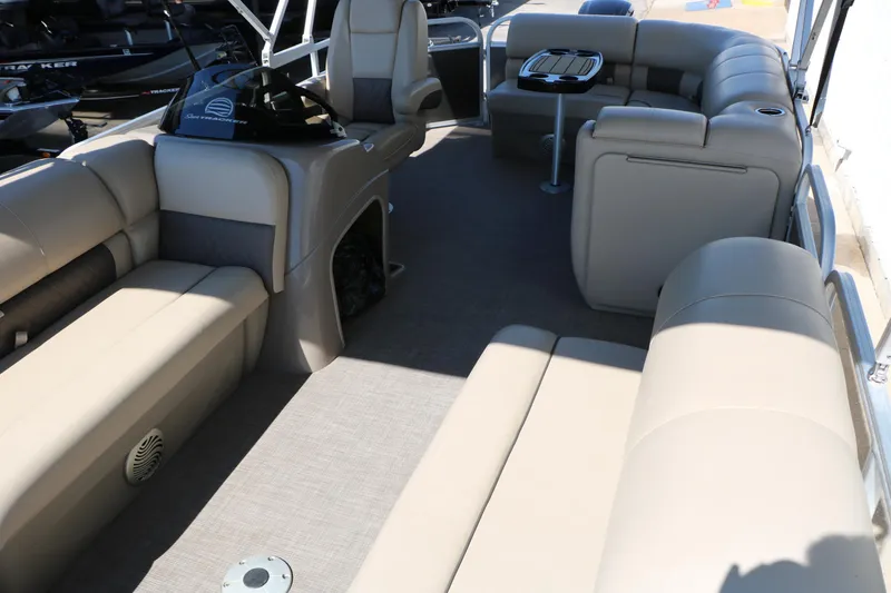 Slide: The Image of 2021 Sun Tracker Party Barge 20 DLX interior with spacious seating and modern design. - 17