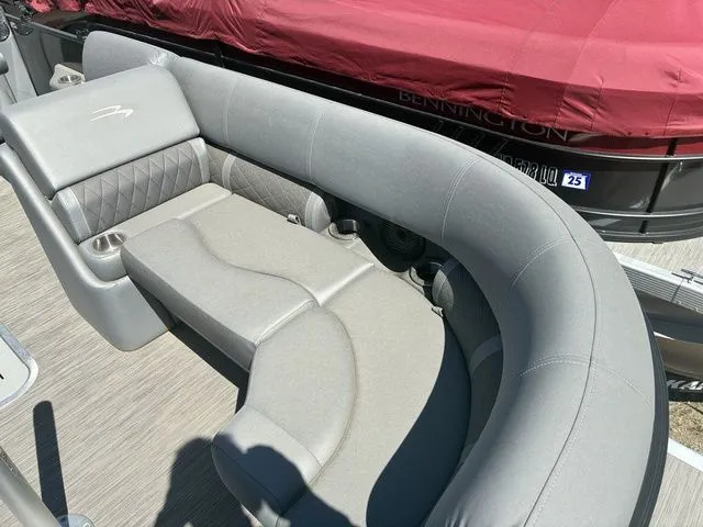Slide: The Image of Bennington 23LSR SPS 2022 pontoon boat with gray upholstered seating. - 10