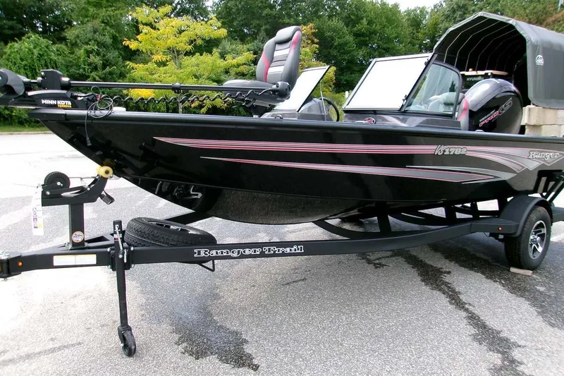 Slide: The Image of 2026 Ranger VS1782SC Angler boat on trailer, black with red accents, parked outdoors. - 77