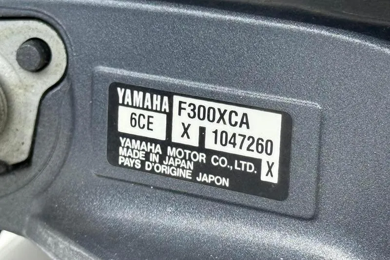 Slide: The Image of Yamaha F300XCA engine label on 2018 Sea Hunt BX 25 FS boat, made in Japan. - 43