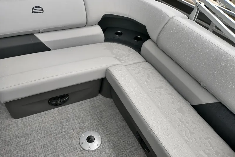 Slide: The Image of Interior seating of 2026 Sun Tracker Party Barge 20 DLX with wet upholstery. - 3