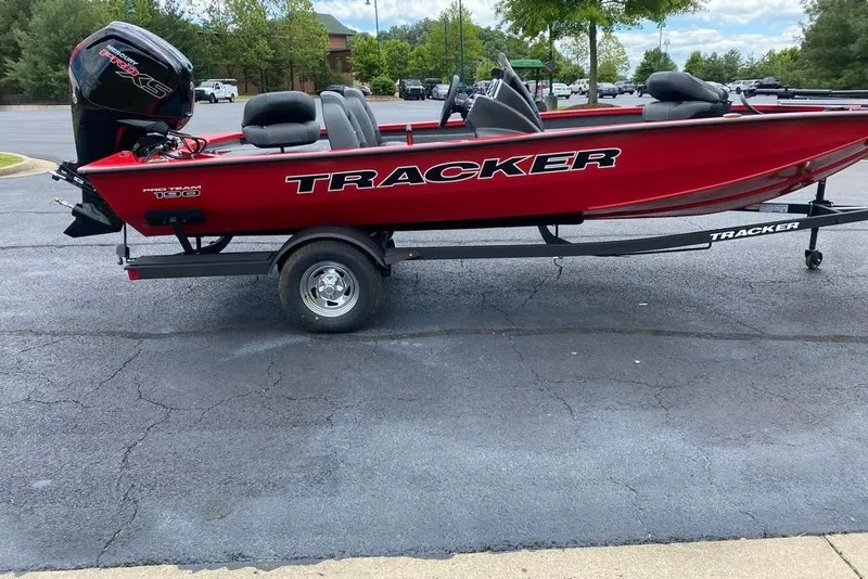 The Image of Red 2026 Tracker Pro Team 190 boat on trailer in parking lot. - 0