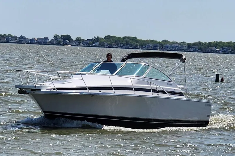 The Image of 1995 Bertram 30 Moppie cruising on a sunny day with scenic shoreline backdrop. - 0