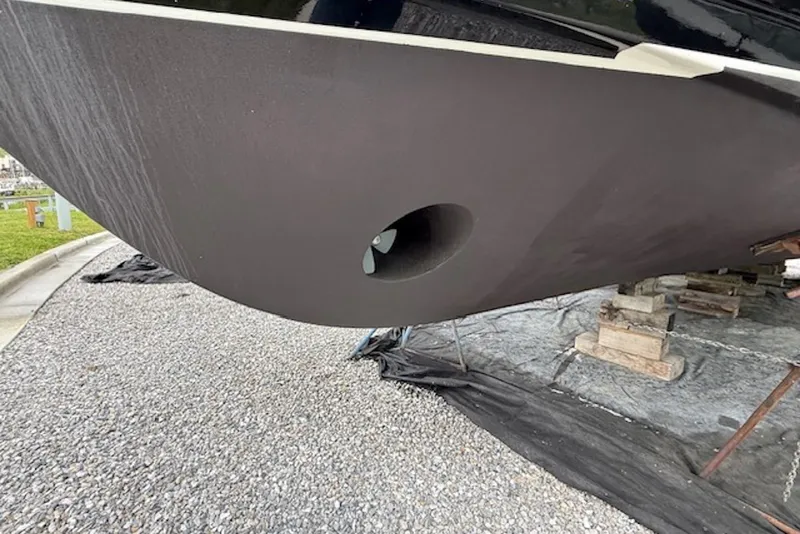 Slide: The Image of Bottom view of 2006 Navigator 53 Extended Deckhouse boat hull on dry dock. - 20