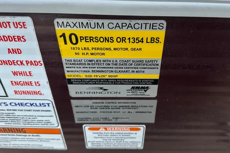 Slide: The Image of 2018 Bennington 20 SX Fish capacity label, 10 persons or 1354 lbs, 90 HP motor. - 17