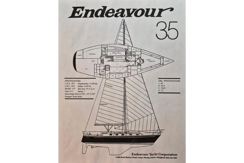 Slide: The Image of Blueprint of 1984 Endeavour 35 sailboat with specifications and layout details. - 39