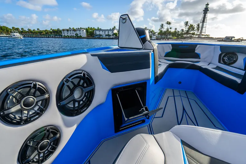 Slide: The Image of Interior of 2026 Concept 44' Open Deck boat with speakers. - 16