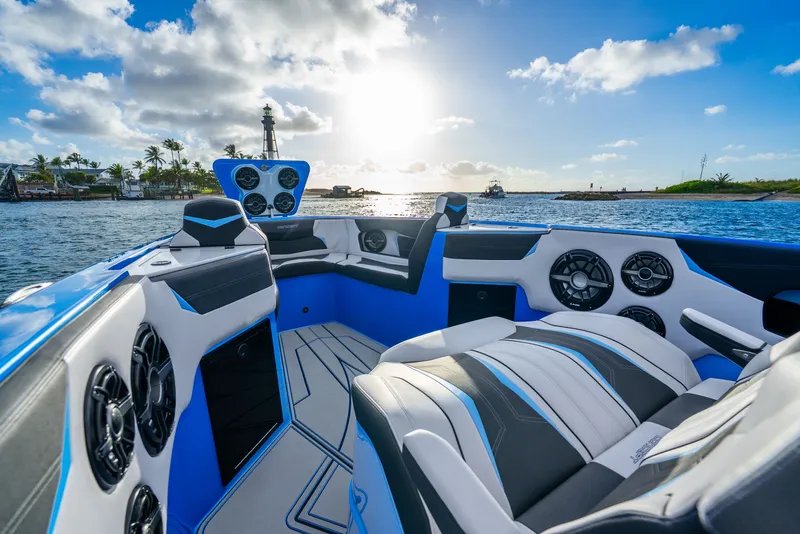 Slide: The Image of Luxurious 2026 Concept 44' Open Deck boat on water at sunset. - 17