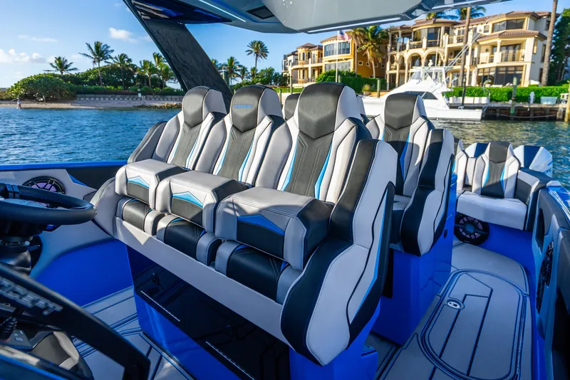 Slide: The Image of Luxurious seating in Concept 44' Open Deck boat, 2026 model. - 26