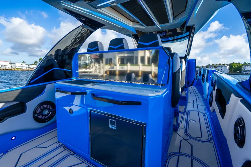 Slide: The Image of Futuristic 2026 Concept 44' Open Deck boat on the water. - 28