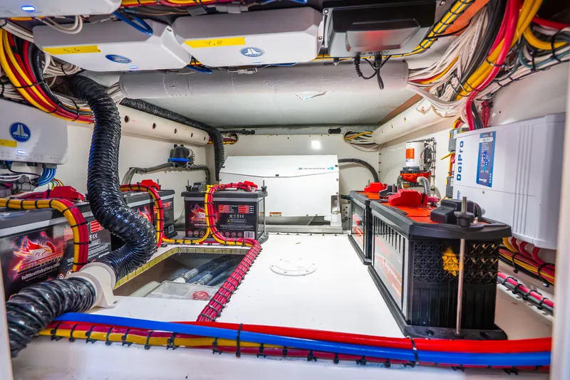 Slide: The Image of Interior of Concept 44' Open Deck 2026 with batteries and wiring. - 31