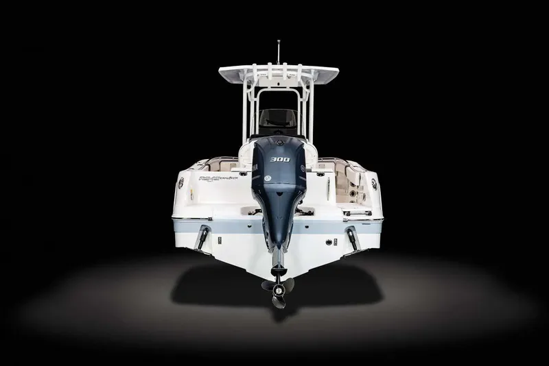 Slide: The Image of Manufacturer Provided Image: 2023 Robalo R242 Explorer boat, rear view with outboard motor. - 24
