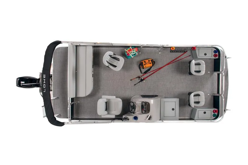 Slide: The Image of Manufacturer Provided Image: 2023 Lowe Ultra 202 Fish & Cruise pontoon boat, top view, spacious seating, fishing gear. - 7