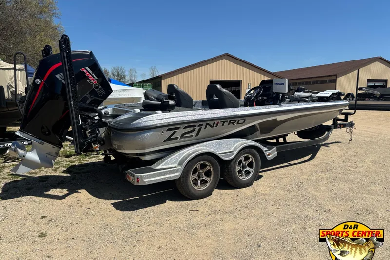 Slide: The Image of 2019 Nitro Z21 boat on trailer at D&R Sports Center. - 2