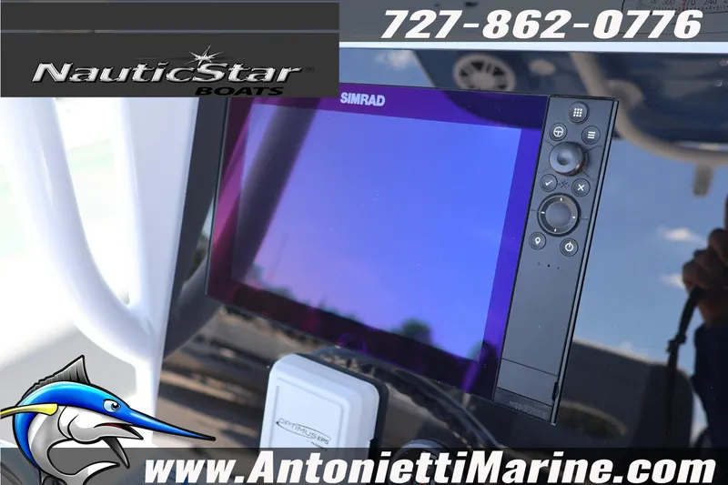 Slide: The Image of Simrad display on 2026 NauticStar 292 Legacy boat dashboard, featuring Antonietti Marine branding. - 17