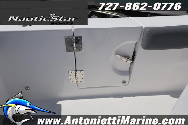Slide: The Image of NauticStar 292 Legacy boat detail with hinge and latch, featuring Antonietti Marine branding. - 36