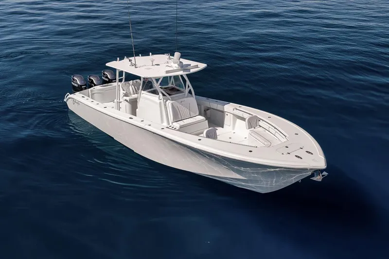 Slide: The Image of 2012 Yellowfin 39 Offshore boat on calm blue water. - 9
