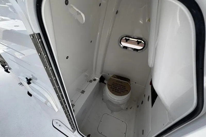 Slide: The Image of Interior of 2026 Blazer Bay Makaira 2800 boat bathroom with compact design. - 18