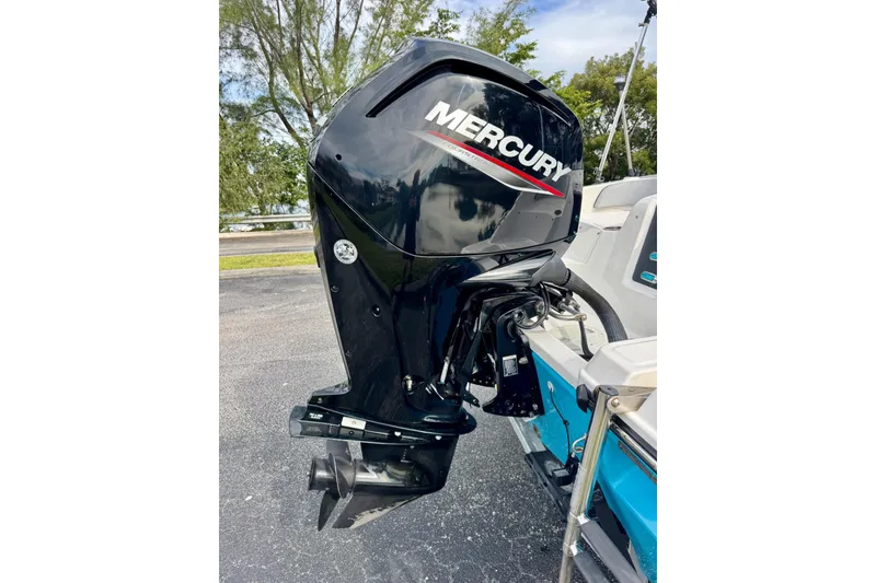 Slide: The Image of 2022 Bayliner Element M17 with Mercury outboard motor, parked outdoors. - 18