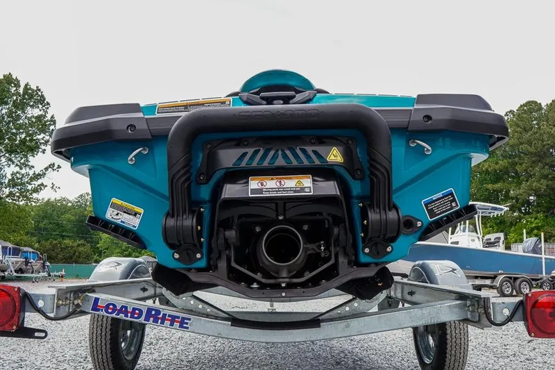 Slide: The Image of 2026 Sea-Doo GTX Limited 325 on trailer, rear view, showcasing engine and design. - 5