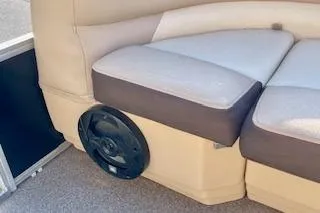 Slide: The Image of 2016 Sun Tracker Party Barge 22 XP3 interior seating with speaker detail. - 17