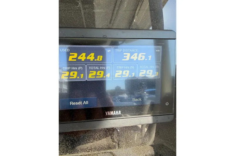 Slide: The Image of Yamaha display showing fuel usage and trip data for 2024 Jeanneau Leader 9.0 CC. - 20
