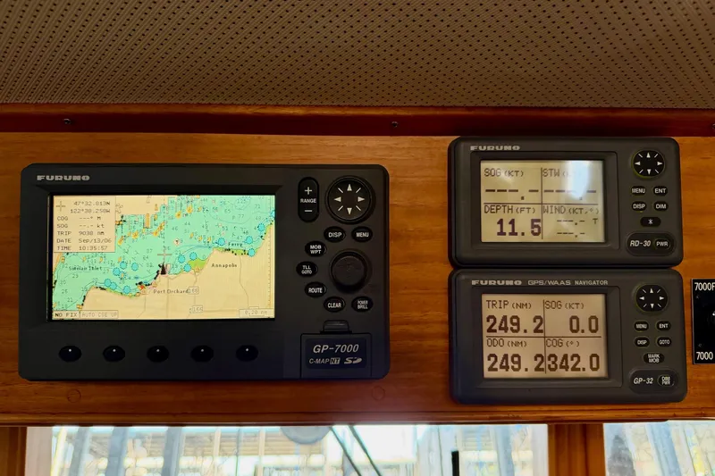 Slide: The Image of Navigation equipment on a 1991 Grand Banks 36 Europa boat, featuring Furuno displays. - 31