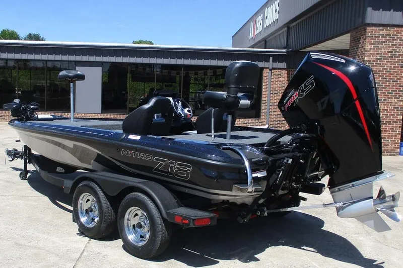 Slide: The Image of 2026 Nitro Z18 Pro boat with powerful engine, parked outside a dealership. - 2