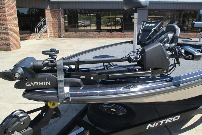 Slide: The Image of 2026 Nitro Z18 Pro boat with Garmin trolling motor on deck. - 9