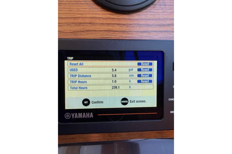Slide: The Image of Yamaha display on 2018 Ranger Tugs R-27 showing trip data and fuel usage. - 12