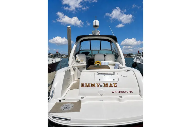 Slide: The Image of 2006 Sea Ray 340 Sundancer docked, featuring "EMMY MAE" in Winthrop, MA. - 5