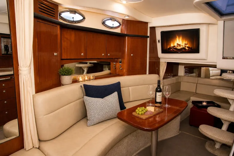 Slide: The Image of Luxurious 2006 Sea Ray 340 Sundancer interior with cozy seating, wine, and fireplace ambiance. - 7